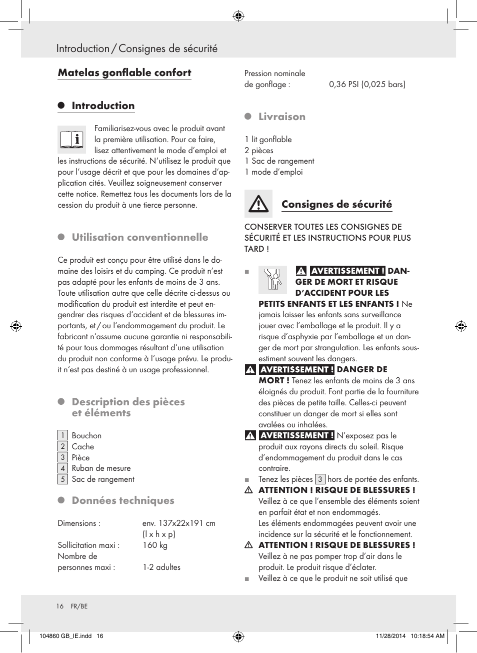 Introduction / consignes de sécurité, Matelas gonflable confort, Introduction | Utilisation conventionnelle, Description des pièces et éléments, Données techniques, Livraison, Consignes de sécurité | Meradiso Z31955A User Manual | Page 16 / 25