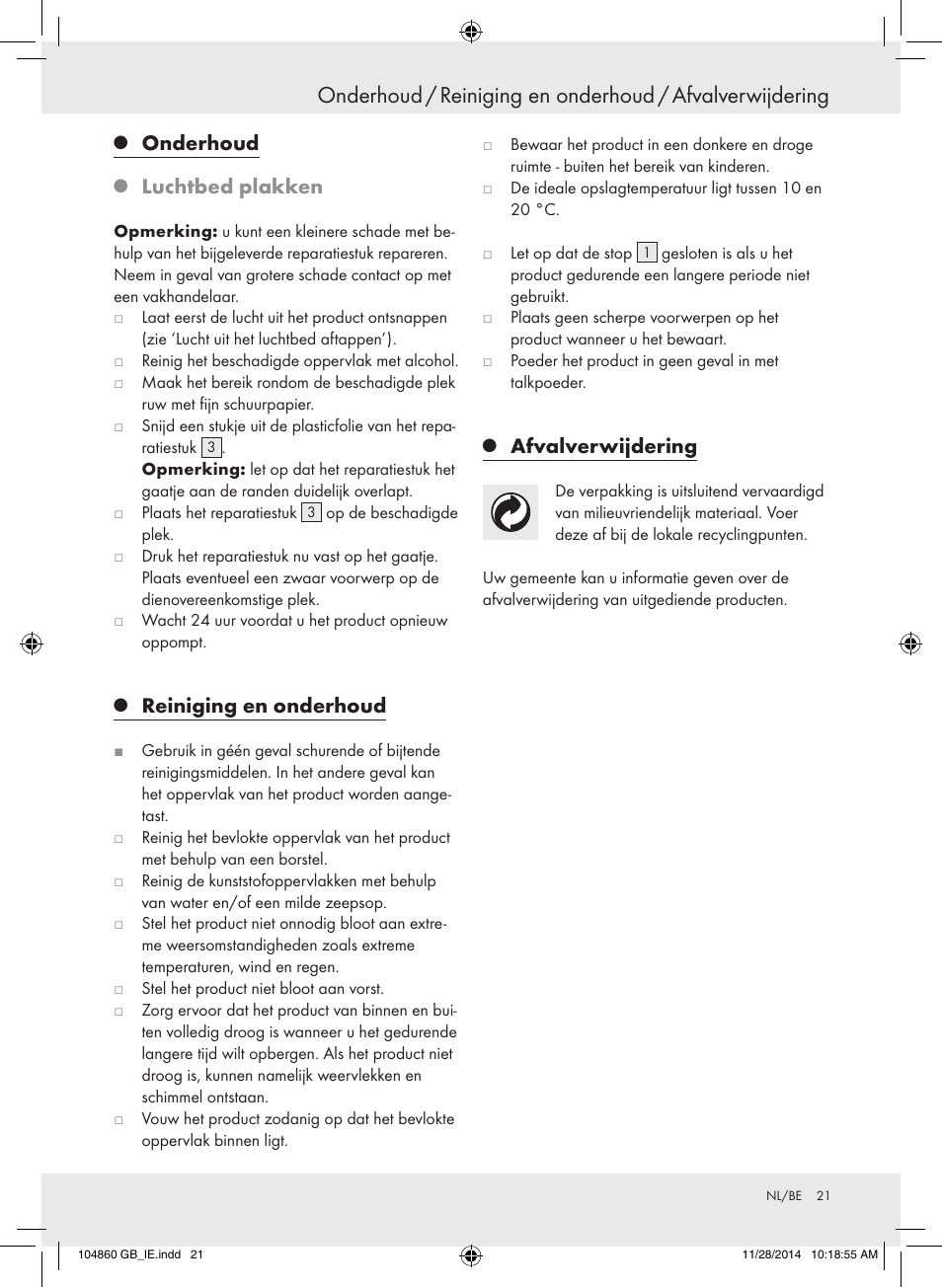 Onderhoud, Luchtbed plakken, Reiniging en onderhoud | Afvalverwijdering | Meradiso Z31955A User Manual | Page 21 / 25