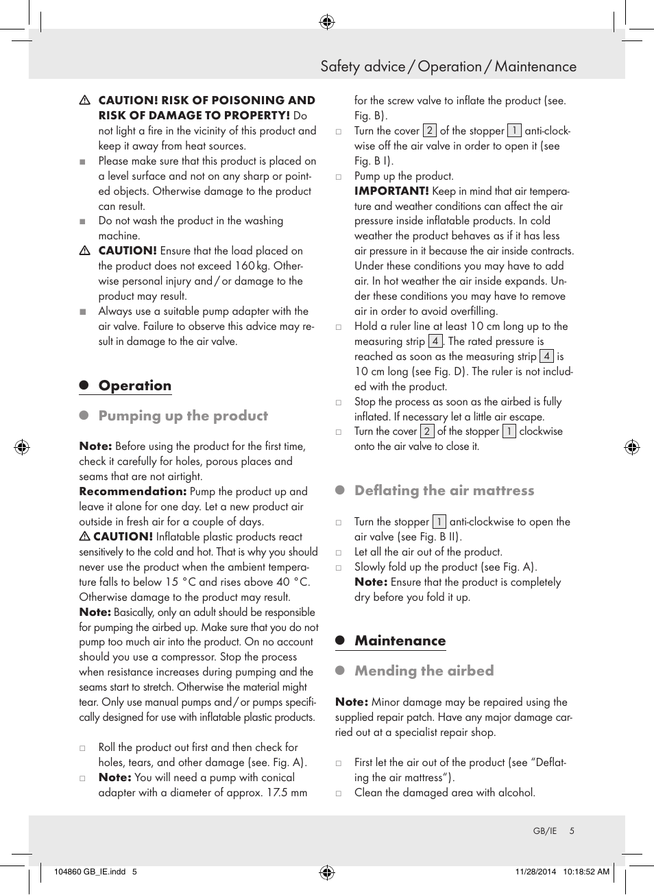 Safety advice / operation / maintenance, Operation, Pumping up the product | Deflating the air mattress, Maintenance, Mending the airbed | Meradiso Z31955A User Manual | Page 5 / 25