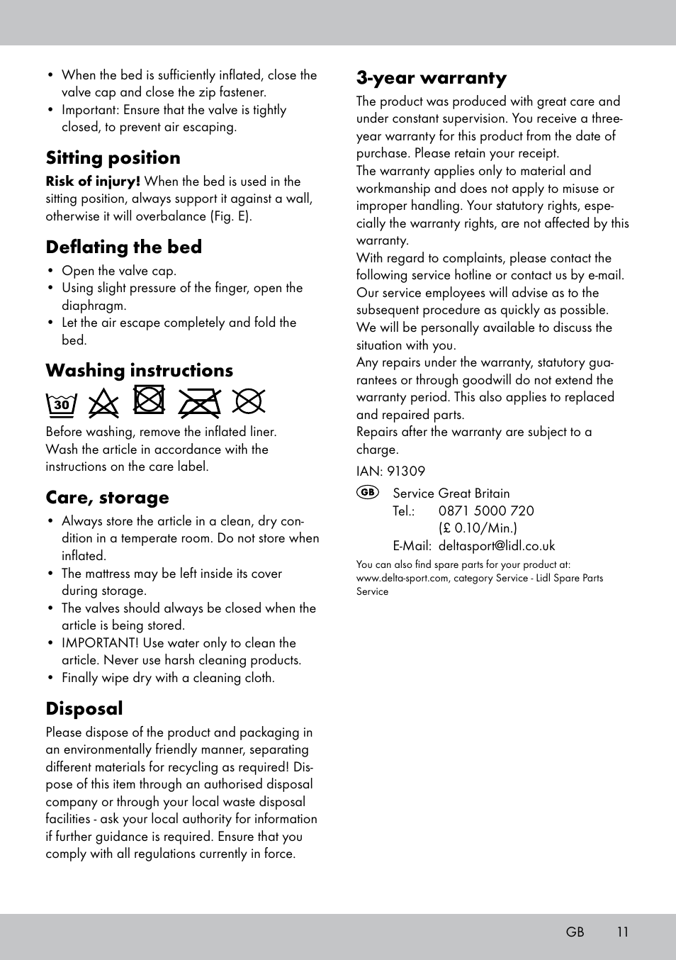 Sitting position, Deflating the bed, Washing instructions | Care, storage, Disposal, Year warranty | Meradiso KR-1678 User Manual | Page 11 / 12