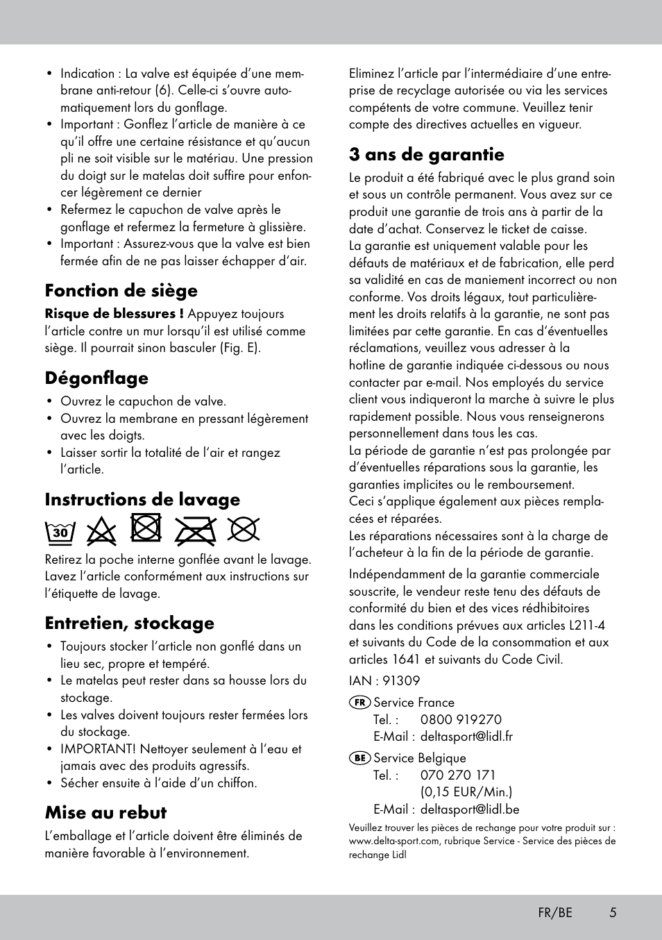 Fonction de siège, Dégonflage, Instructions de lavage | Entretien, stockage, Mise au rebut, 3 ans de garantie | Meradiso KR-1678 User Manual | Page 5 / 12