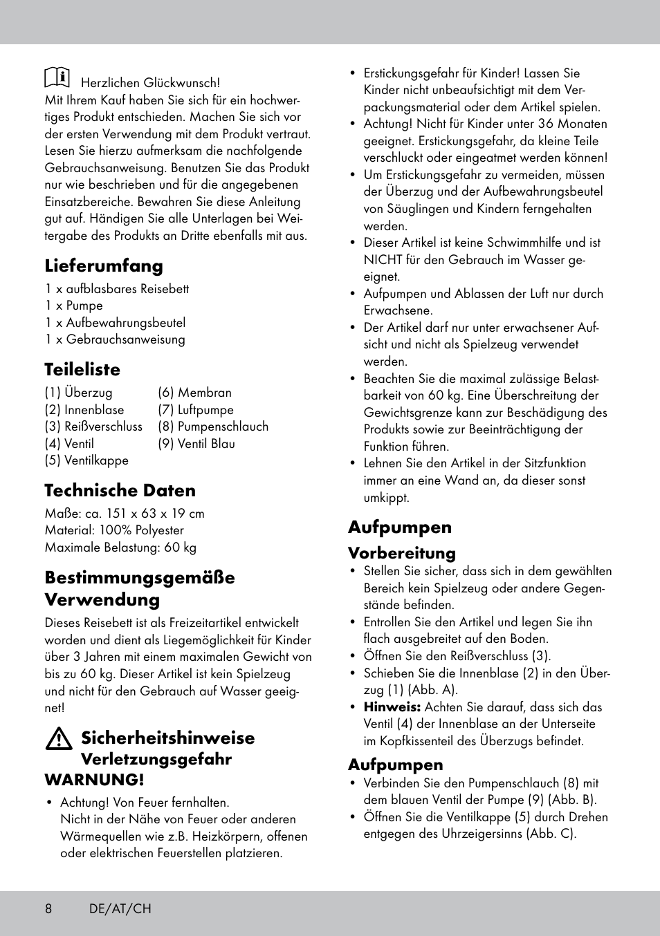 Lieferumfang, Teileliste, Technische daten | Bestimmungsgemäße verwendung, Sicherheitshinweise, Aufpumpen | Meradiso KR-1678 User Manual | Page 8 / 12
