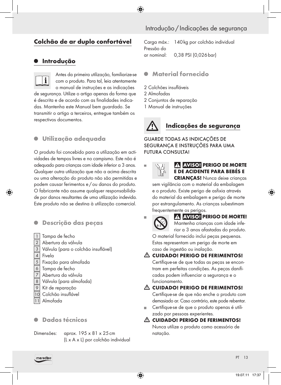 Introdução / indicações de segurança, Colchão de ar duplo confortável introdução, Utilização adequada | Descrição das peças, Dados técnicos, Material fornecido, Indicações de segurança | Meradiso Z30155 User Manual | Page 13 / 23