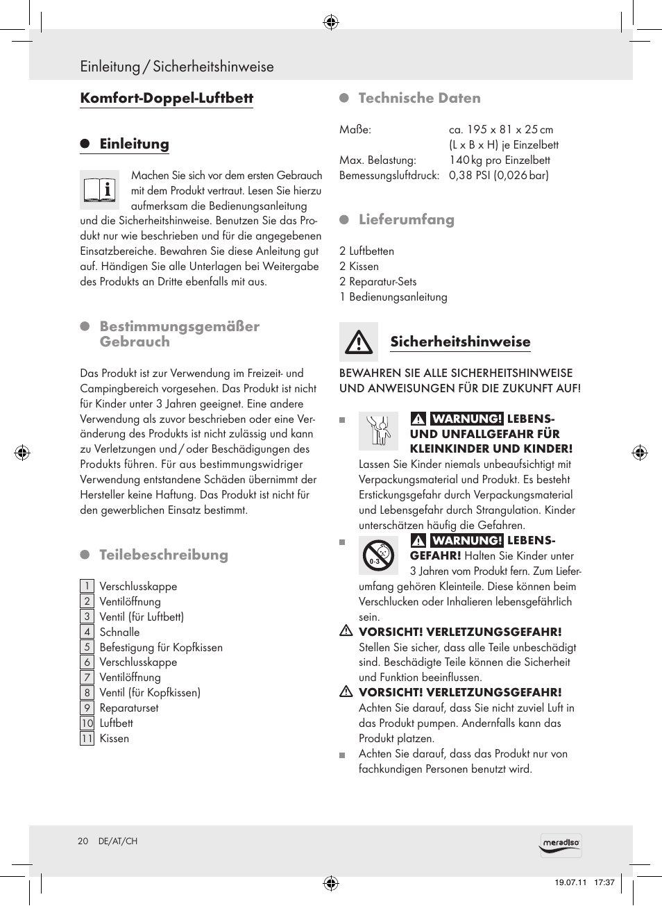 Einleitung / sicherheitshinweise, Komfort-doppel-luftbett einleitung, Bestimmungsgemäßer gebrauch | Teilebeschreibung, Technische daten, Lieferumfang, Sicherheitshinweise | Meradiso Z30155 User Manual | Page 20 / 23