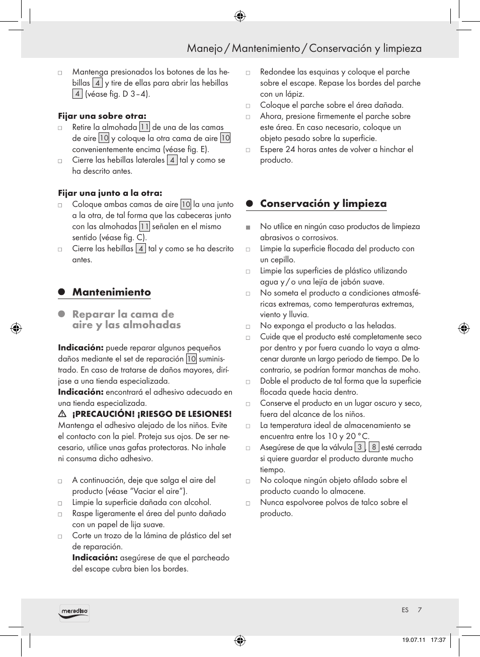 Manejo / mantenimiento / conservación y limpieza, Mantenimiento, Reparar la cama de aire y las almohadas | Conservación y limpieza | Meradiso Z30155 User Manual | Page 7 / 23