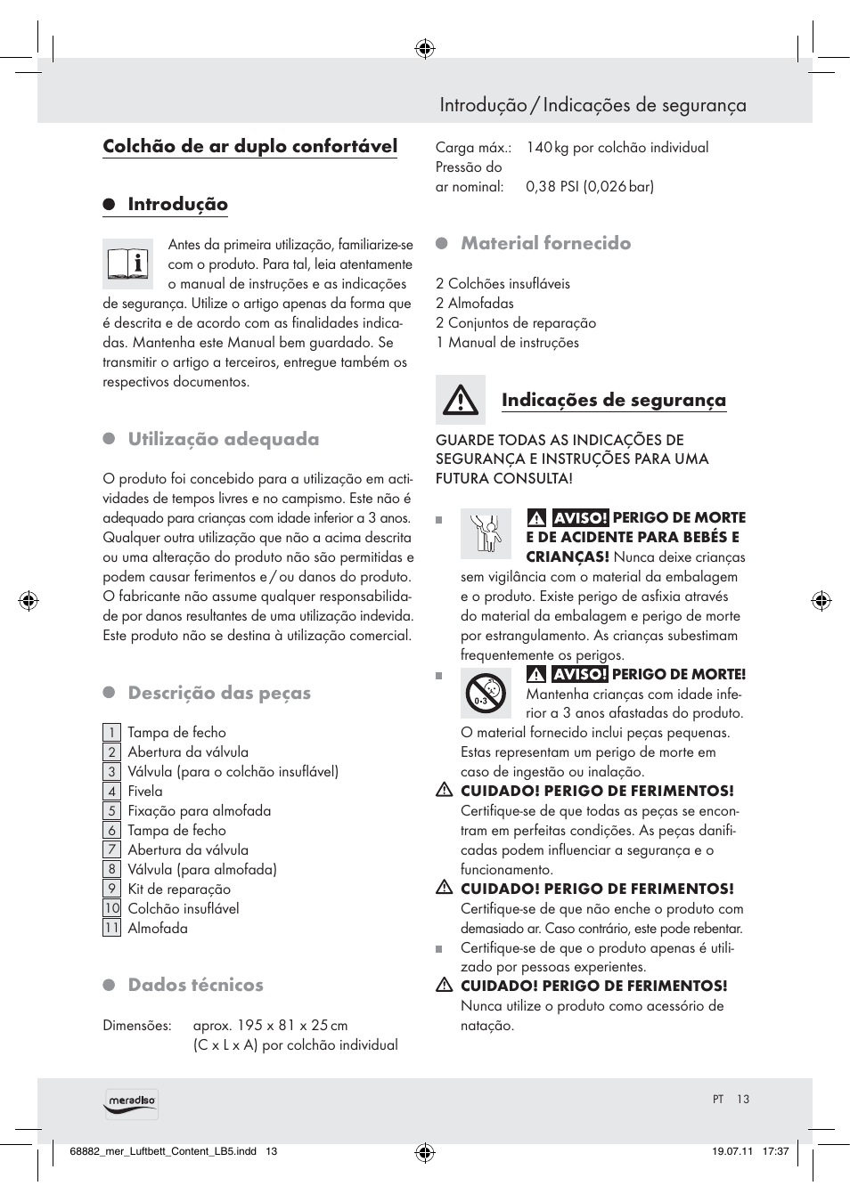 Introdução / indicações de segurança, Colchão de ar duplo confortável introdução, Utilização adequada | Descrição das peças, Dados técnicos, Material fornecido, Indicações de segurança | Meradiso Z30155 User Manual | Page 11 / 21