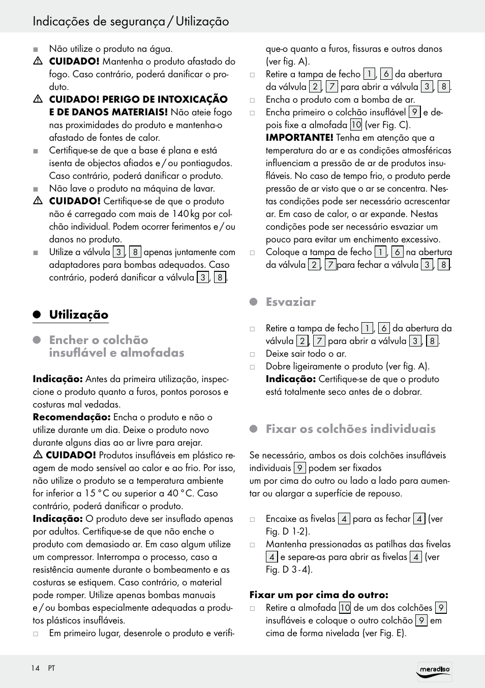 Indicações de segurança / utilização, Utilização, Encher o colchão insuflável e almofadas | Esvaziar, Fixar os colchões individuais | Meradiso Z30155 User Manual | Page 14 / 24