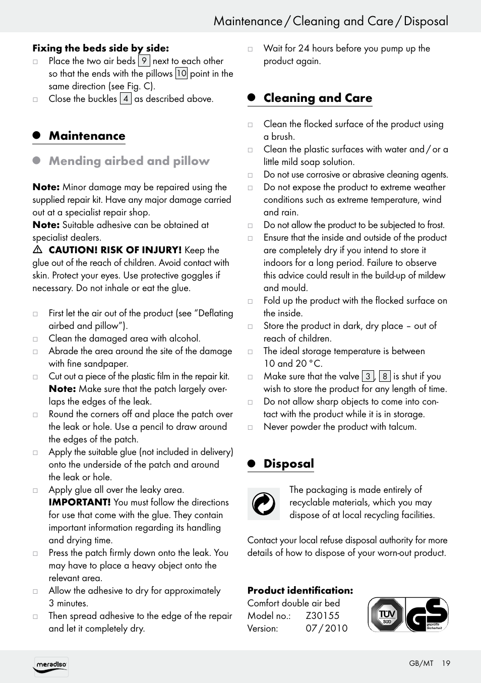 Maintenance / cleaning and care / disposal, Maintenance, Mending airbed and pillow | Cleaning and care, Disposal | Meradiso Z30155 User Manual | Page 19 / 24