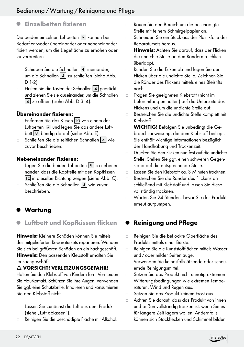 Bedienung / wartung / reinigung und pflege, Einzelbetten fixieren, Wartung | Luftbett und kopfkissen flicken, Reinigung und pflege | Meradiso Z30155 User Manual | Page 22 / 24