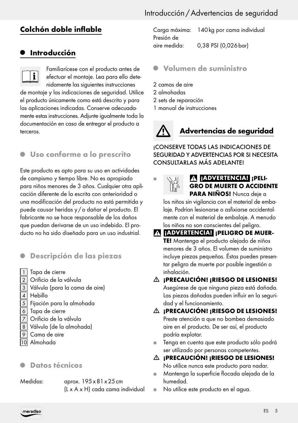Introducción / advertencias de seguridad, Colchón doble inflable, Introducción | Uso conforme a lo prescrito, Descripción de las piezas, Datos técnicos, Volumen de suministro, Advertencias de seguridad | Meradiso Z30155 User Manual | Page 5 / 24