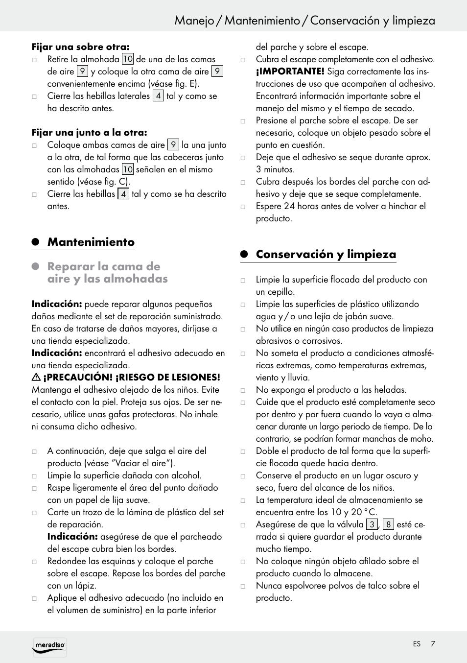 Manejo / mantenimiento / conservación y limpieza, Mantenimiento, Reparar la cama de aire y las almohadas | Conservación y limpieza | Meradiso Z30155 User Manual | Page 7 / 24