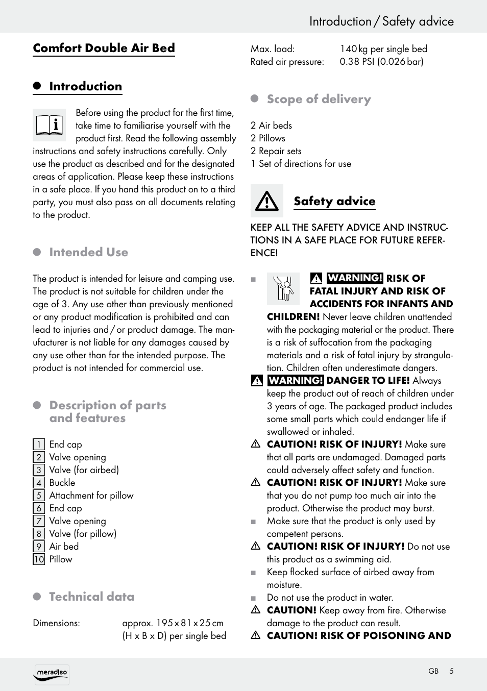 Introduction / safety advice, Comfort double air bed, Introduction | Intended use, Description of parts and features, Technical data, Scope of delivery, Safety advice | Meradiso Z30155 User Manual | Page 5 / 31