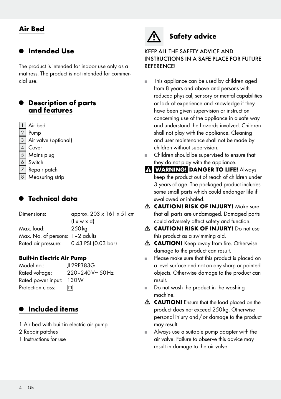 Air bed intended use, Description of parts and features, Technical data | Included items, Safety advice | Meradiso Z31600GB User Manual | Page 4 / 33