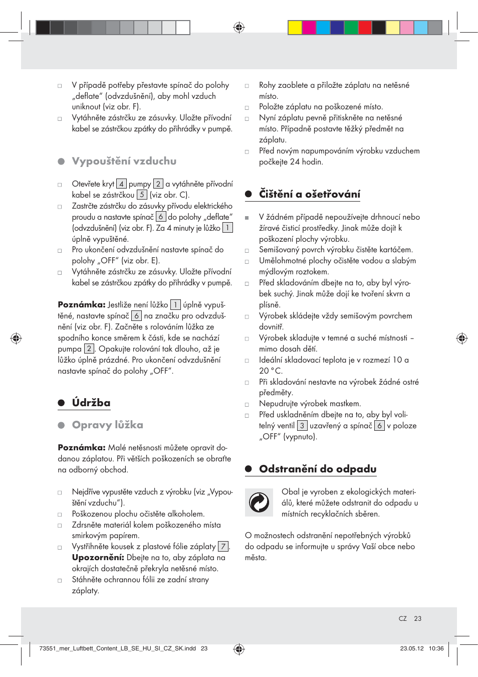 Vypouštění vzduchu, Údržba, Opravy lůžka | Čištění a ošetřování, Odstranění do odpadu | Meradiso Z31196 User Manual | Page 23 / 33