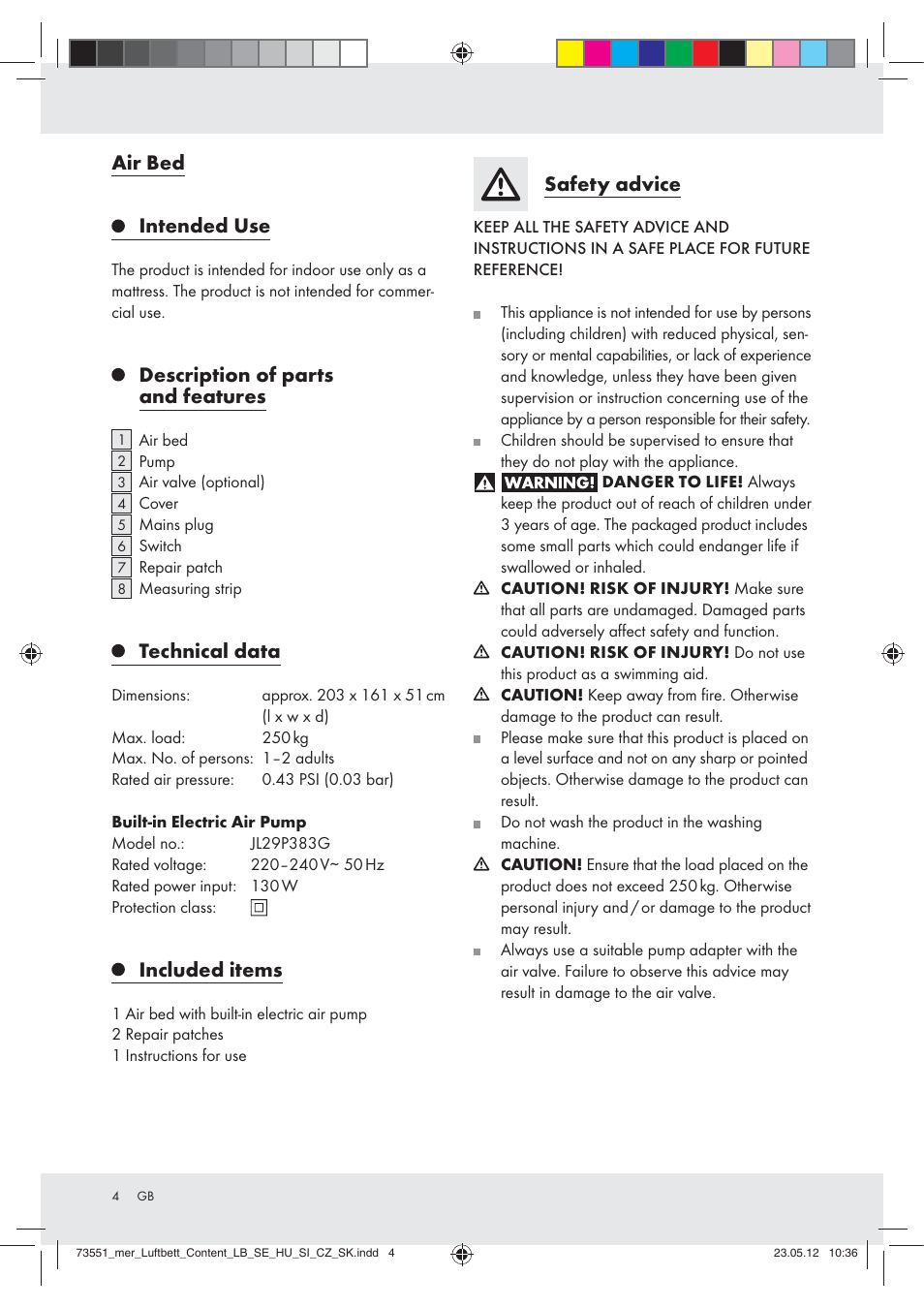 Air bed intended use, Description of parts and features, Technical data | Included items, Safety advice | Meradiso Z31196 User Manual | Page 4 / 33