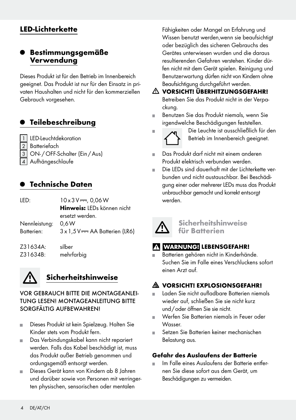 Led-lichterkette bestimmungsgemäße verwendung, Teilebeschreibung, Technische daten | Sicherheitshinweise, Sicherheitshinweise für batterien | Melinera Z31634A/Z31634B User Manual | Page 4 / 10