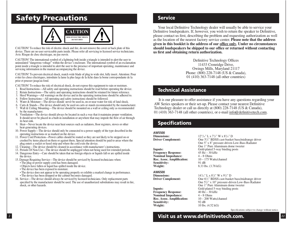 Safety precautions, Service, Technical assistance | Caution | Definitive Technology OUTDOOR SPEAKERS AW5500 User Manual | Page 2 / 12