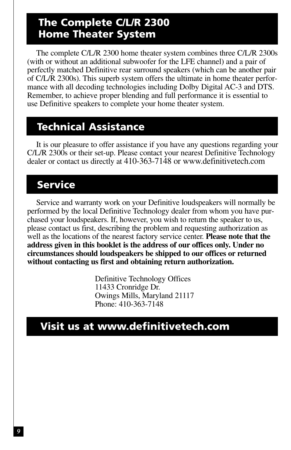 Service technical assistance, The complete c/l/r 2300 home theater system | Definitive Technology C/L/R 2300 User Manual | Page 9 / 10