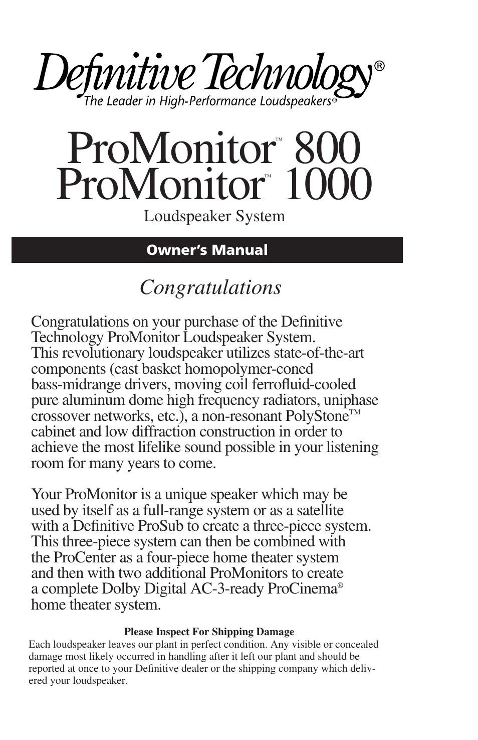 Definitive Technology ProMonitor 800 User Manual | 8 pages