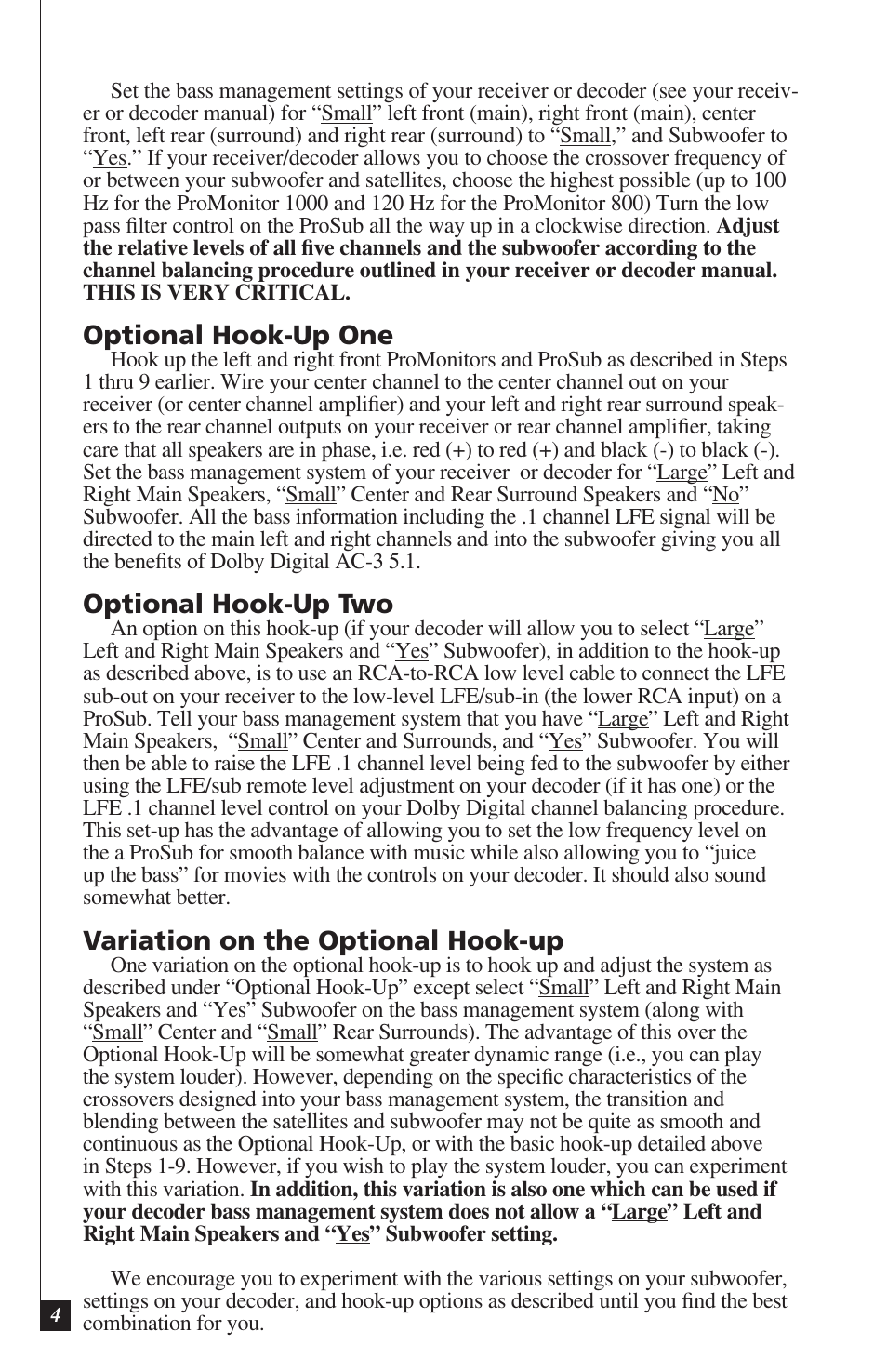 Optional hook-up one, Optional hook-up two, Variation on the optional hook-up | Definitive Technology ProMonitor 800 User Manual | Page 4 / 8