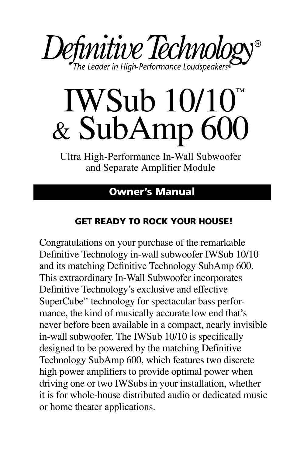 Definitive Technology IWSUB10/10 User Manual | 14 pages