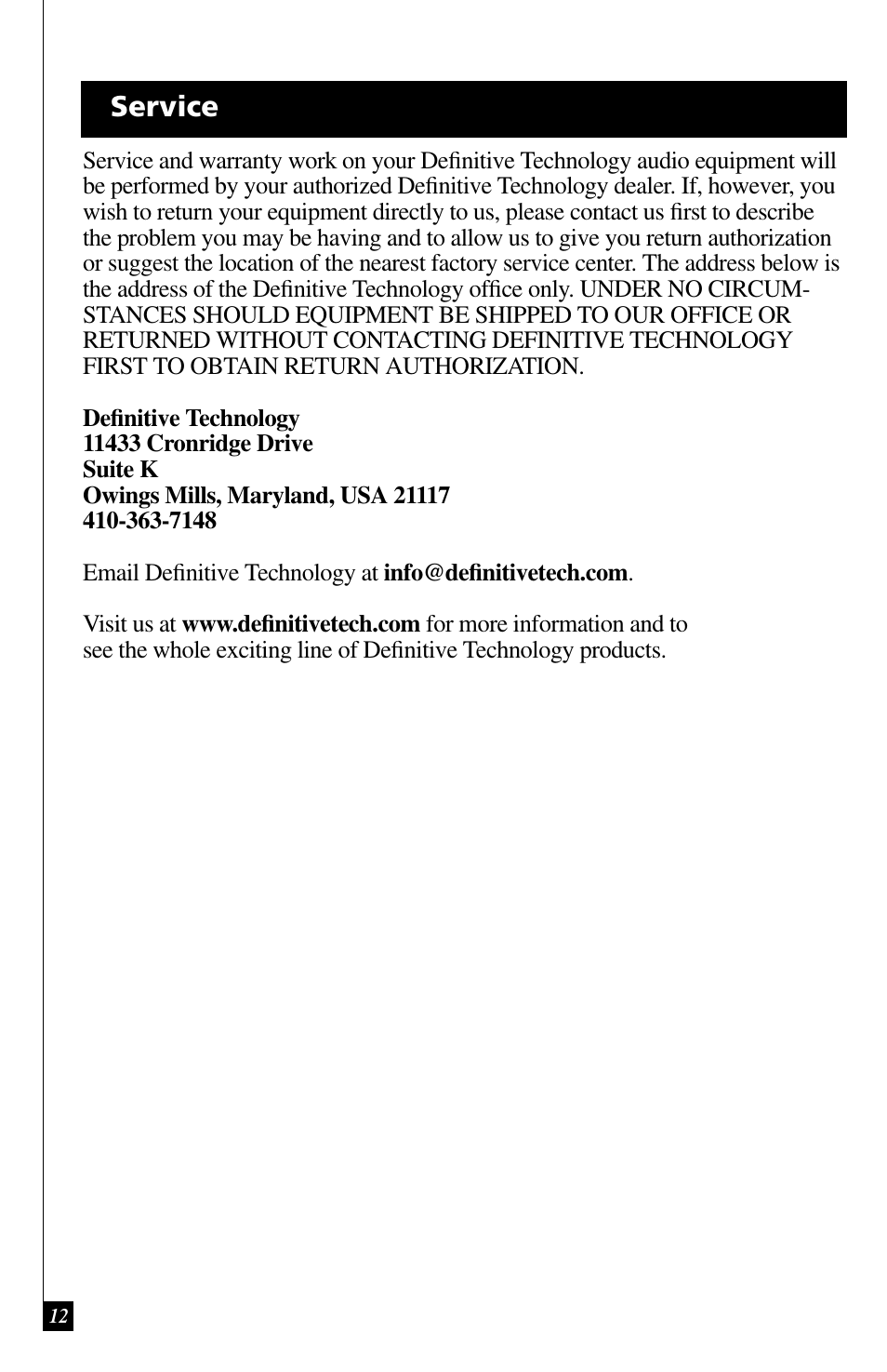 Service | Definitive Technology IWSUB10/10 User Manual | Page 12 / 14