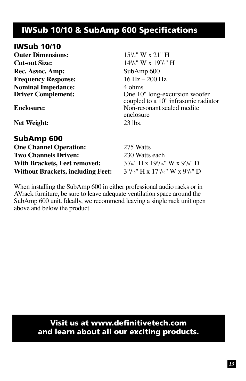 Subamp 600 | Definitive Technology IWSUB10/10 User Manual | Page 13 / 14