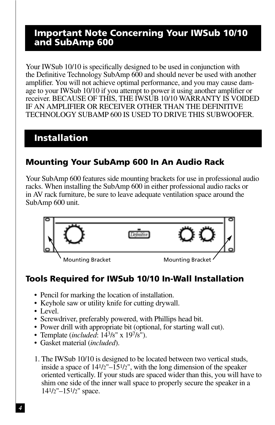 Installation, Mounting your subamp 600 in an audio rack | Definitive Technology IWSUB10/10 User Manual | Page 4 / 14