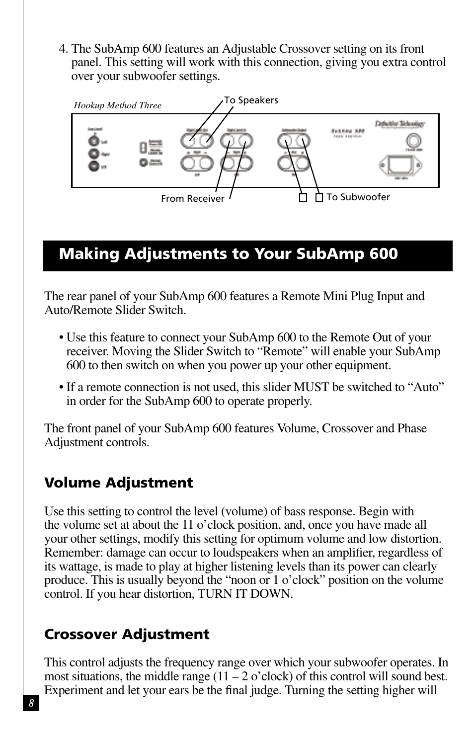 Making adjustments to your subamp 600 | Definitive Technology IWSUB10/10 User Manual | Page 8 / 14