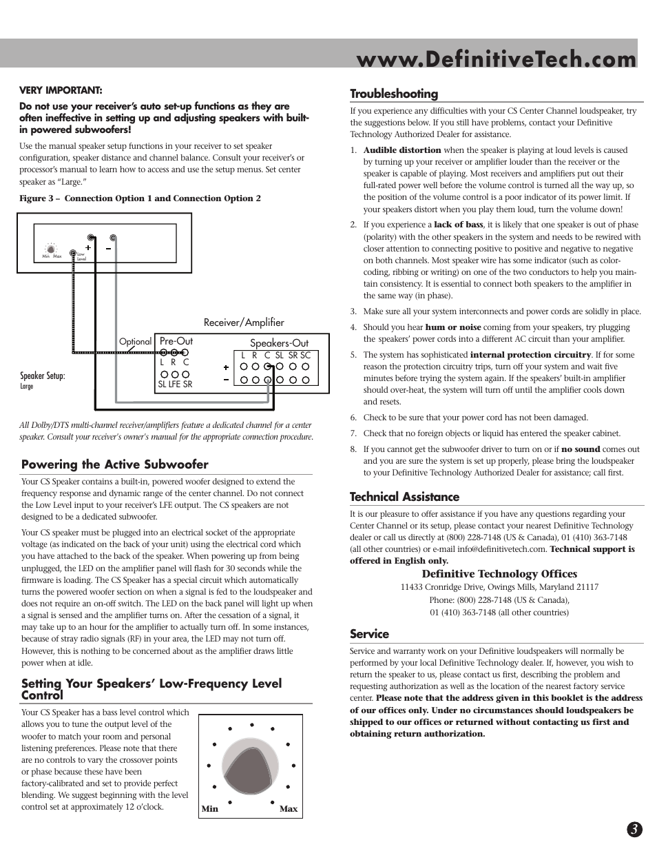 Technical assistance, Service, Powering the active subwoofer | Setting your speakers’ low-frequency level control, Troubleshooting | Definitive Technology CS-8080HD User Manual | Page 3 / 12