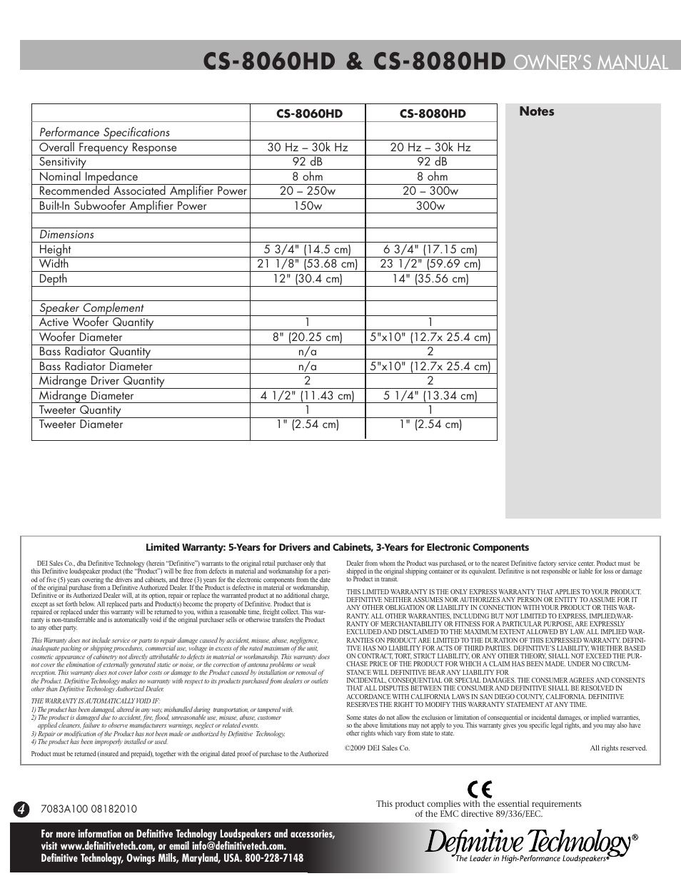 Owner’s manual | Definitive Technology CS-8080HD User Manual | Page 4 / 12