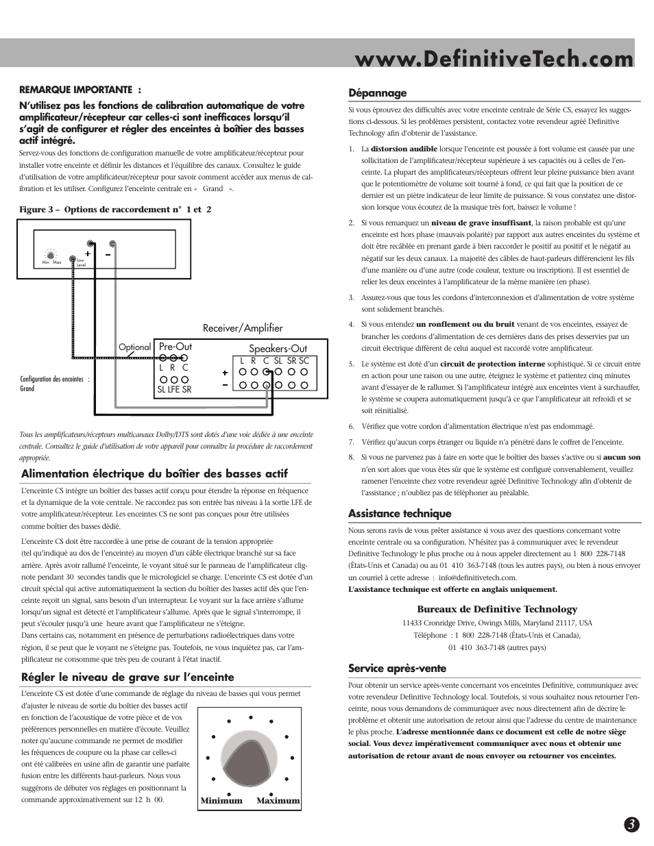 Assistance technique, Service après-vente, Régler le niveau de grave sur l’enceinte | Dépannage | Definitive Technology CS-8080HD User Manual | Page 7 / 12