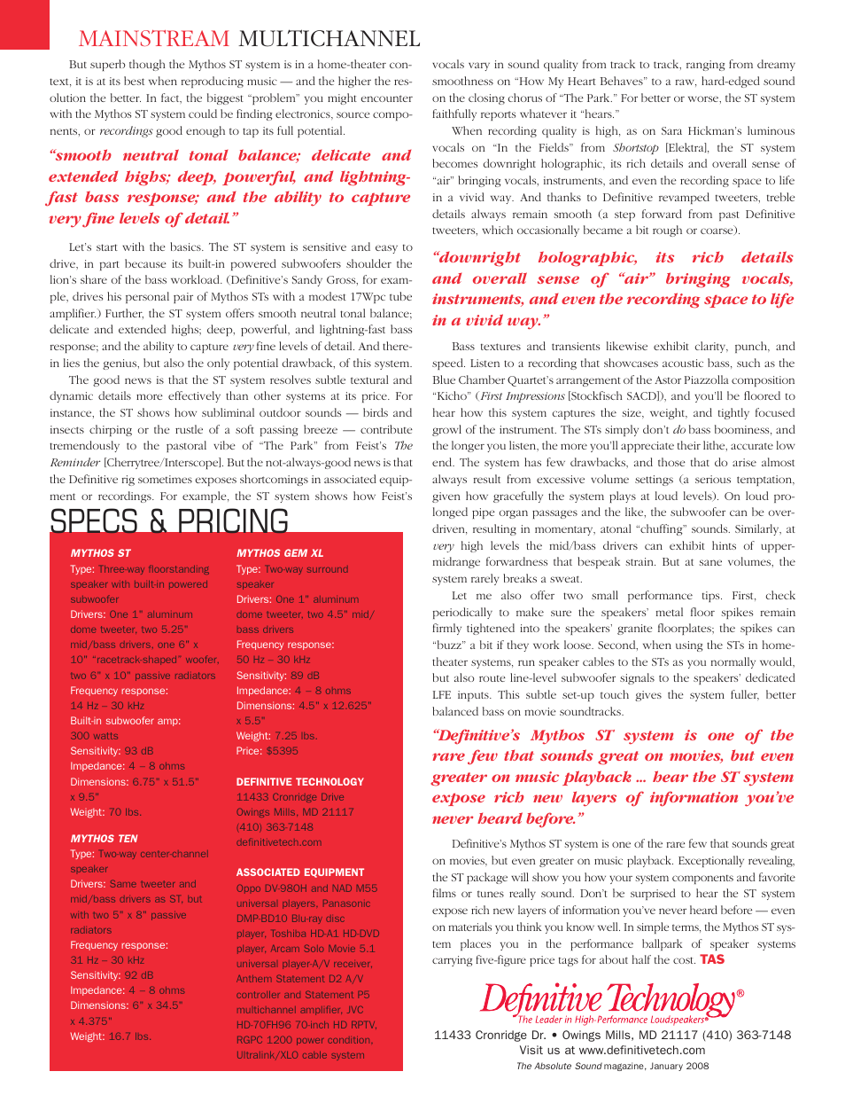 Specs & pricing, Mainstream multichannel | Definitive Technology DV-98OH User Manual | Page 2 / 2