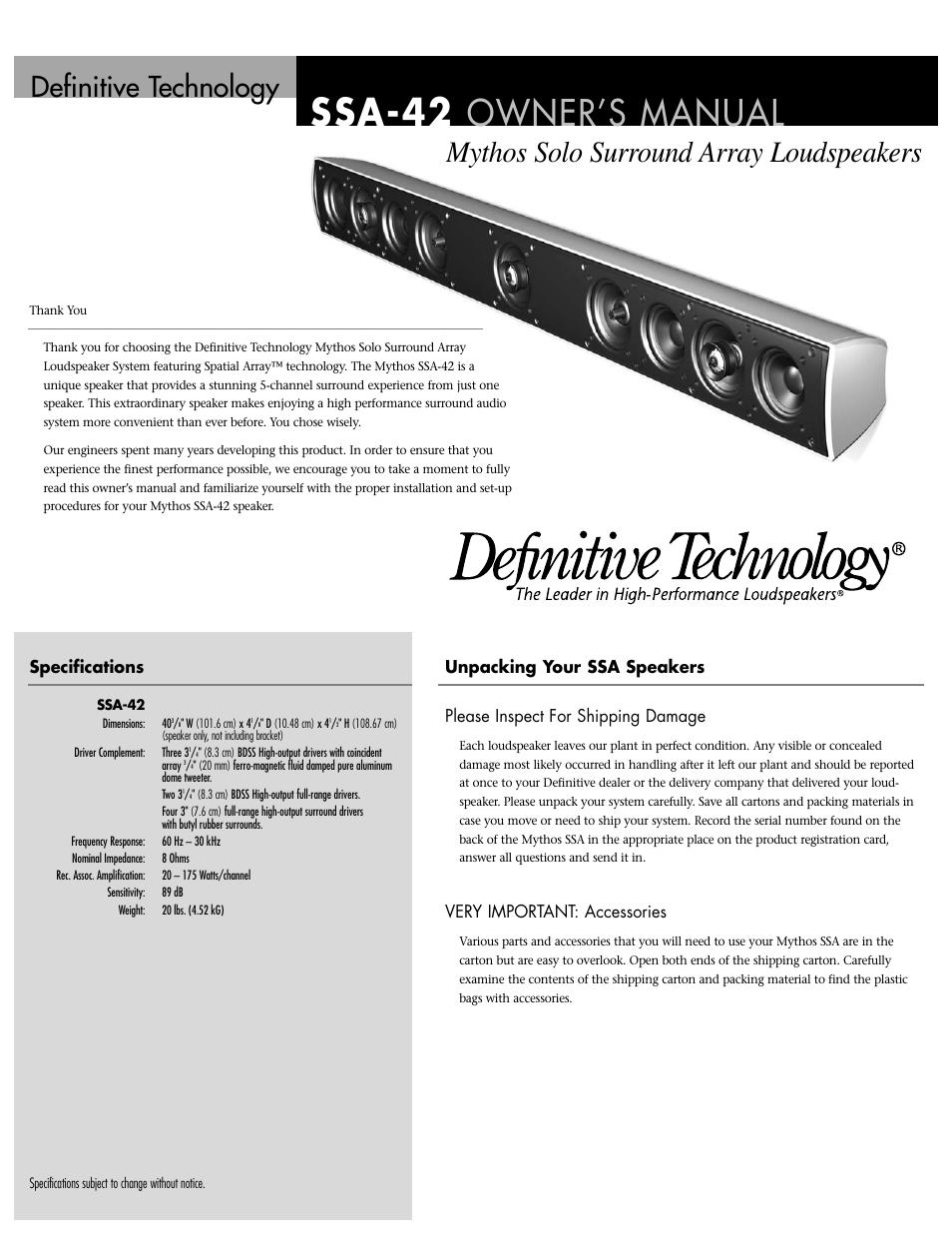 Definitive Technology Mythos Solo Surround Array SSA-42 User Manual | 4 pages