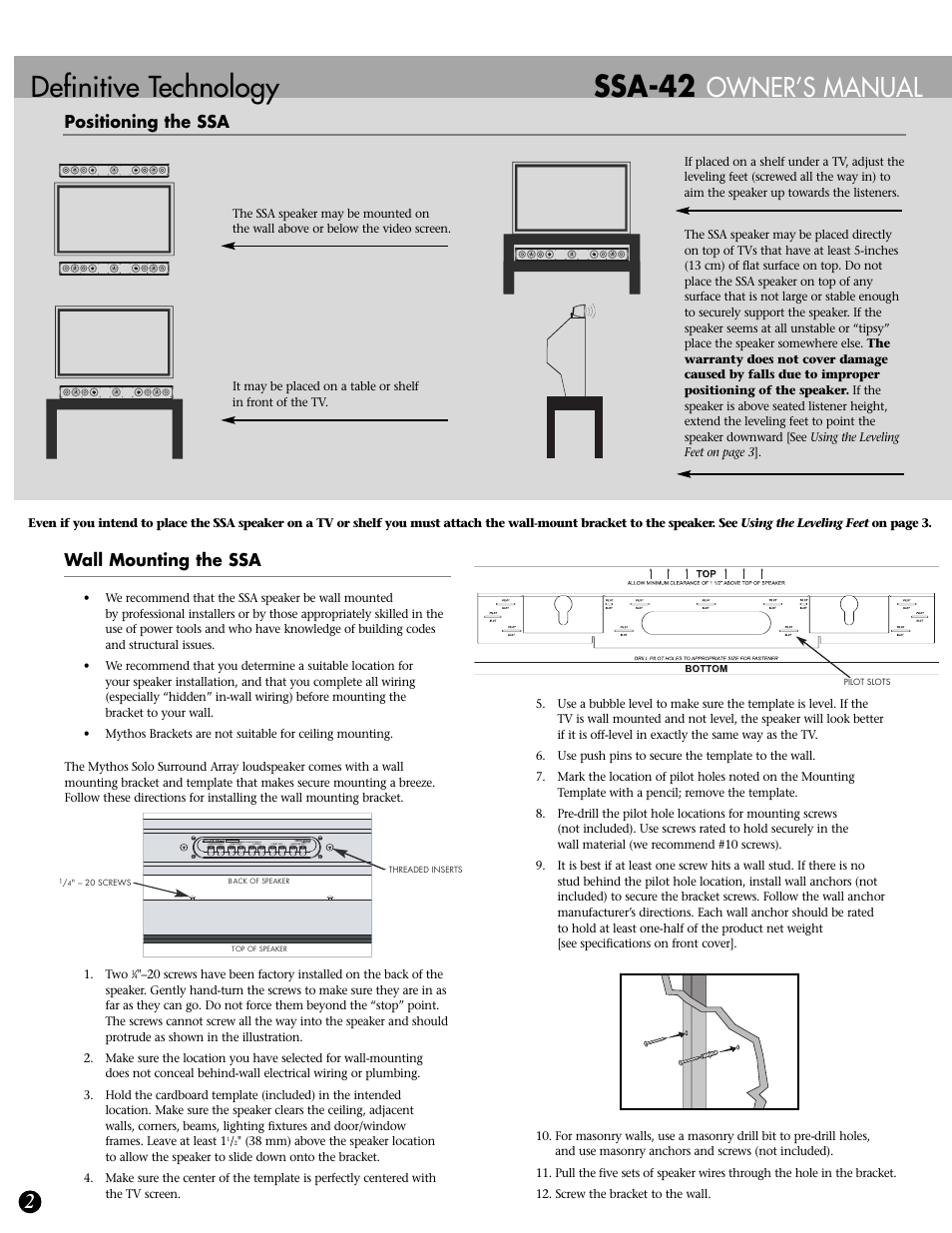 Ssa-42, Definitive technology, Owner’s manual | Wall mounting the ssa, Positioning the ssa | Definitive Technology Mythos Solo Surround Array SSA-42 User Manual | Page 2 / 4