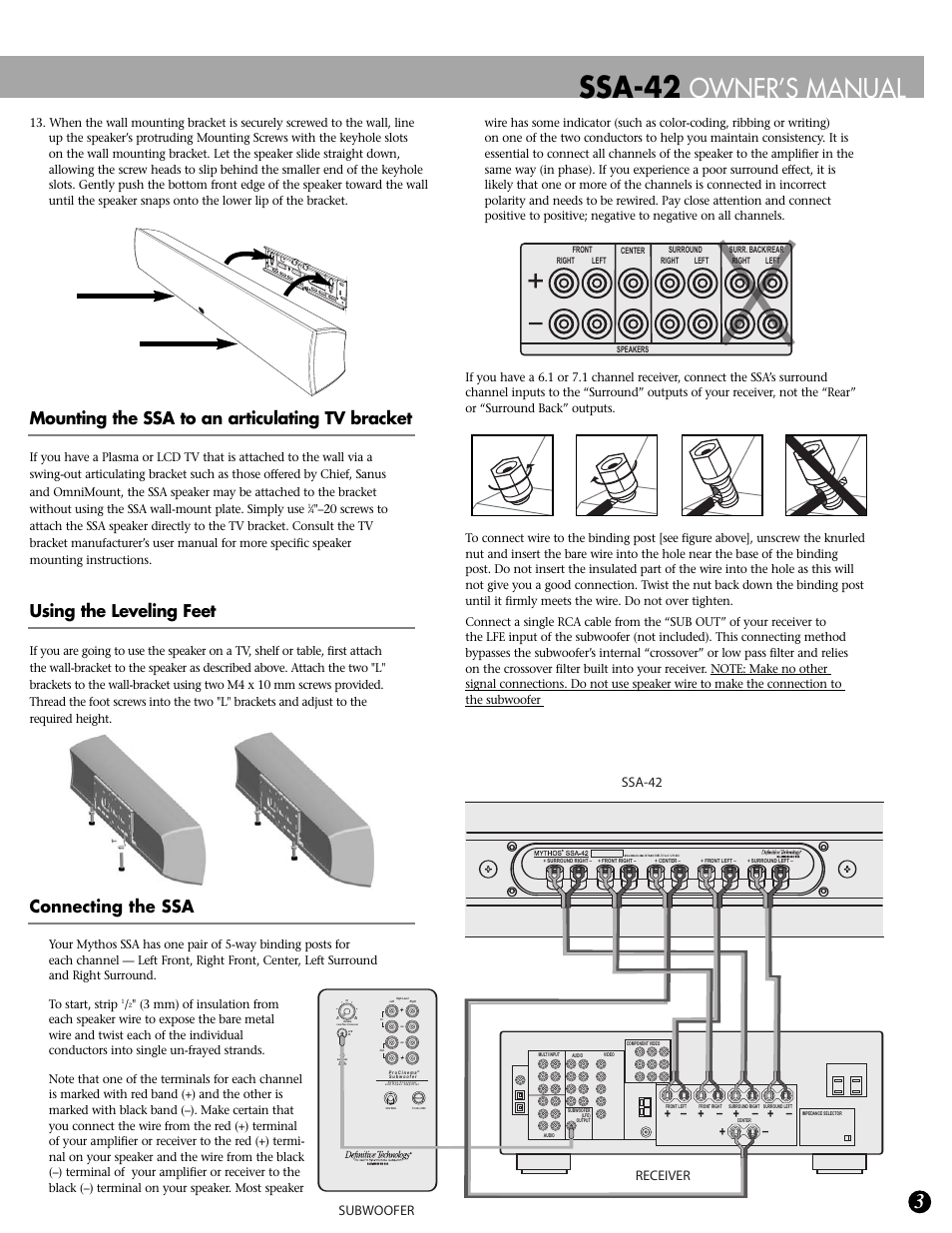 Ssa-42, Owner’s manual, Mounting the ssa to an articulating tv bracket | Using the leveling feet, Connecting the ssa, Ssa-42 subwoofer, Receiver | Definitive Technology Mythos Solo Surround Array SSA-42 User Manual | Page 3 / 4