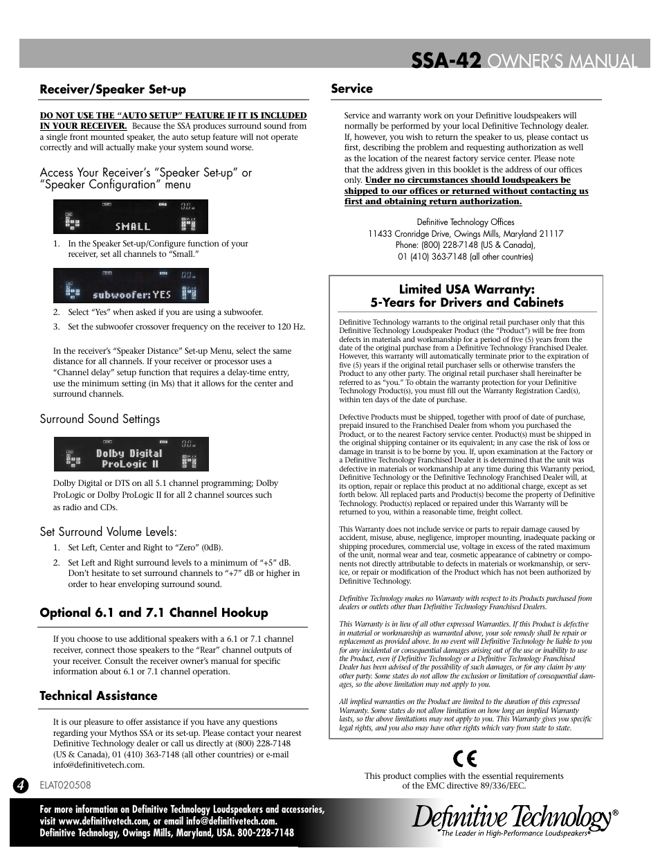 Ssa-42, Owner’s manual | Definitive Technology Mythos Solo Surround Array SSA-42 User Manual | Page 4 / 4