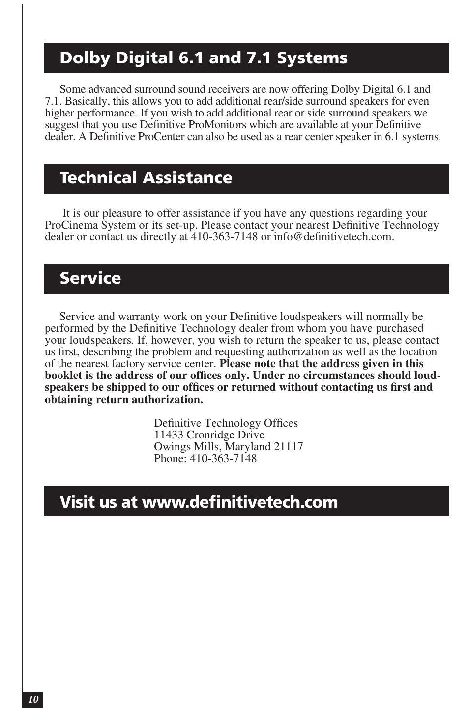 Technical assistance | Definitive Technology PROCINEMA 600 User Manual | Page 10 / 12