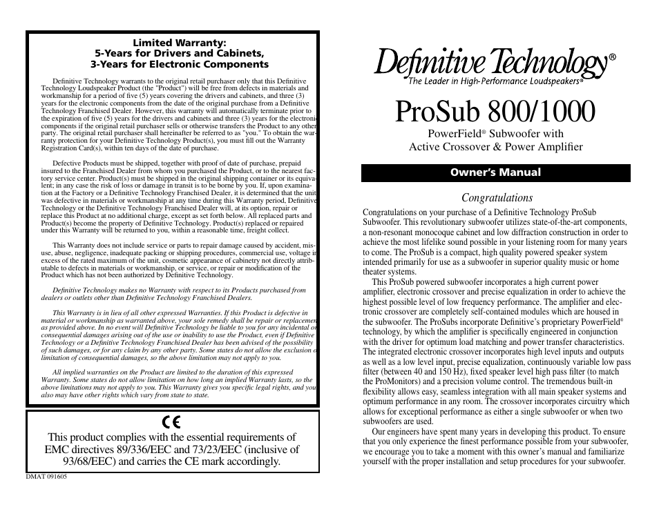 Definitive Technology PROSUB 800/1000 User Manual | 12 pages