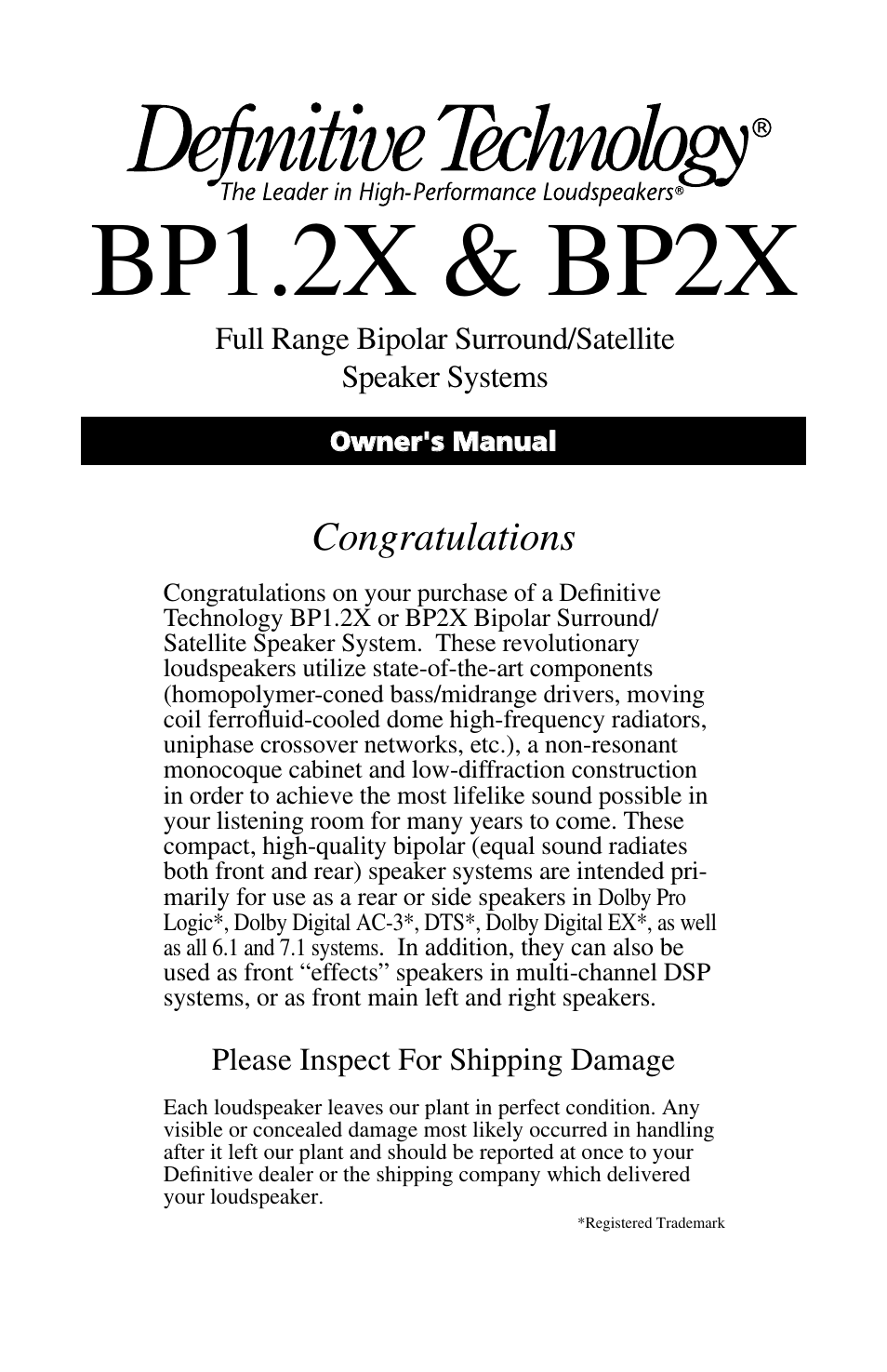 Definitive Technology BP2X User Manual | 4 pages