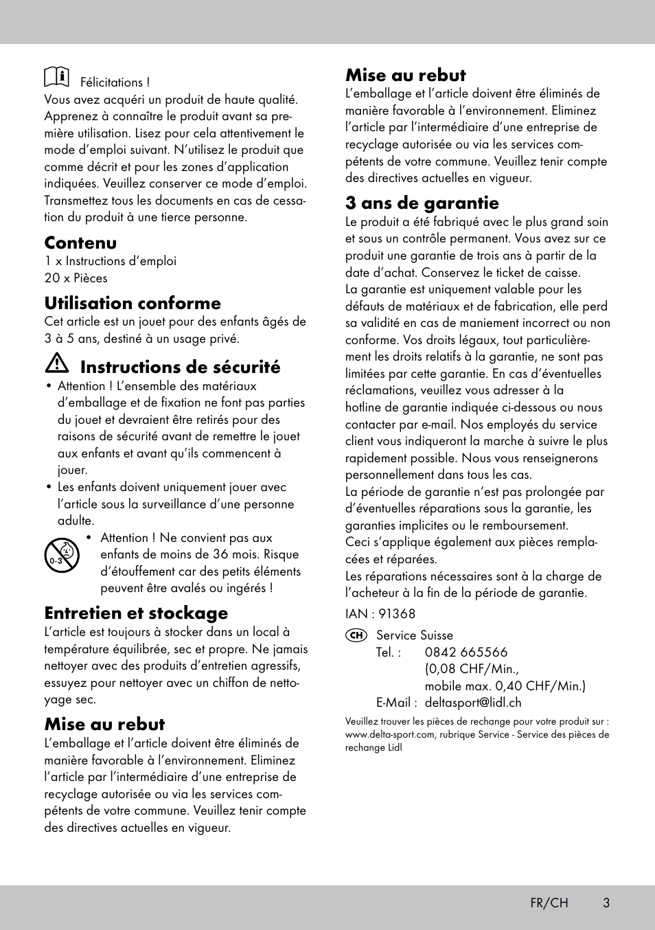Contenu, Utilisation conforme, Instructions de sécurité | Entretien et stockage, Mise au rebut, 3 ans de garantie | Playtive FISHING GAME User Manual | Page 3 / 8