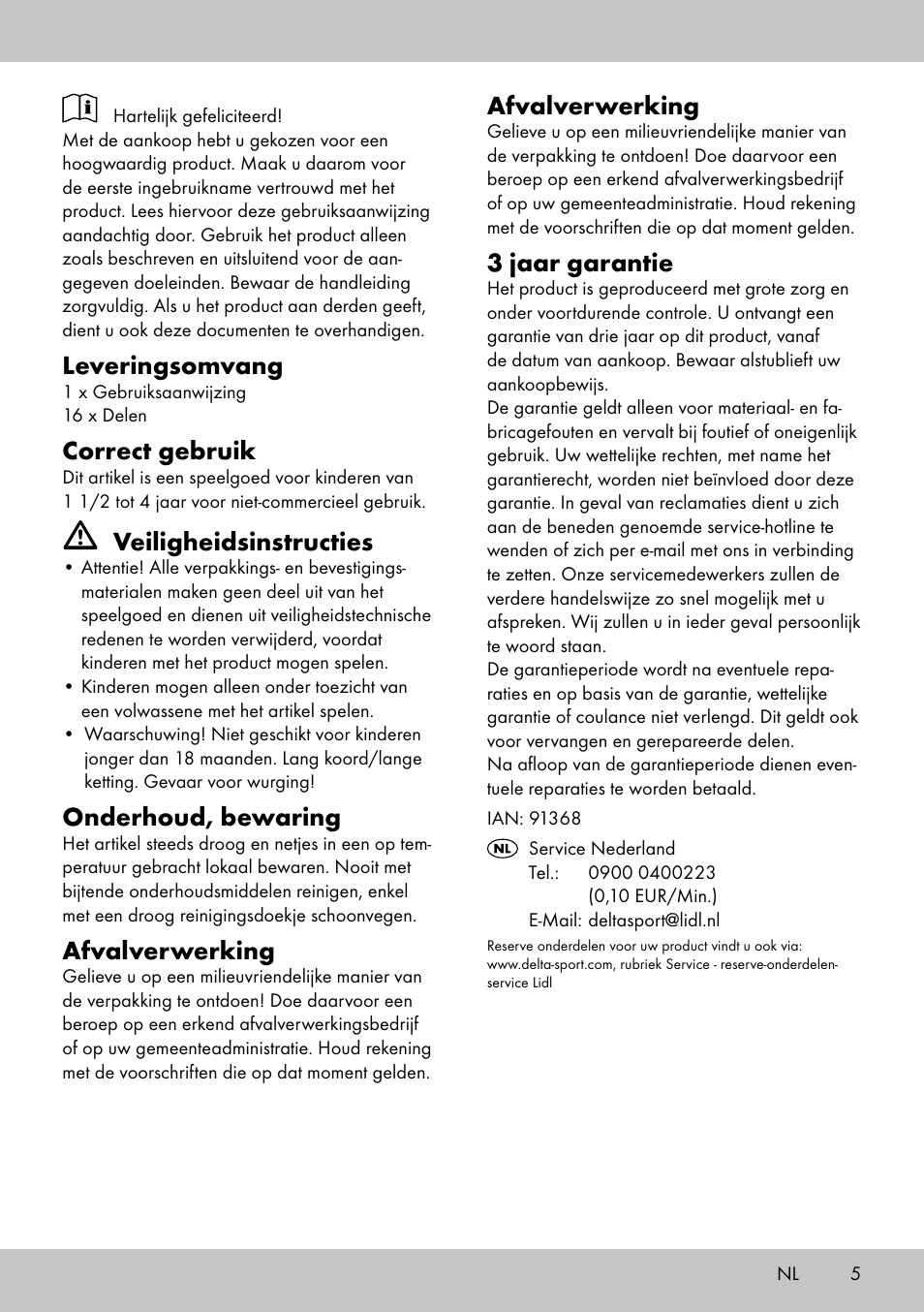 Leveringsomvang, Correct gebruik, Veiligheidsinstructies | Onderhoud, bewaring, Afvalverwerking, 3 jaar garantie | Playtive THREADING TOY User Manual | Page 5 / 8