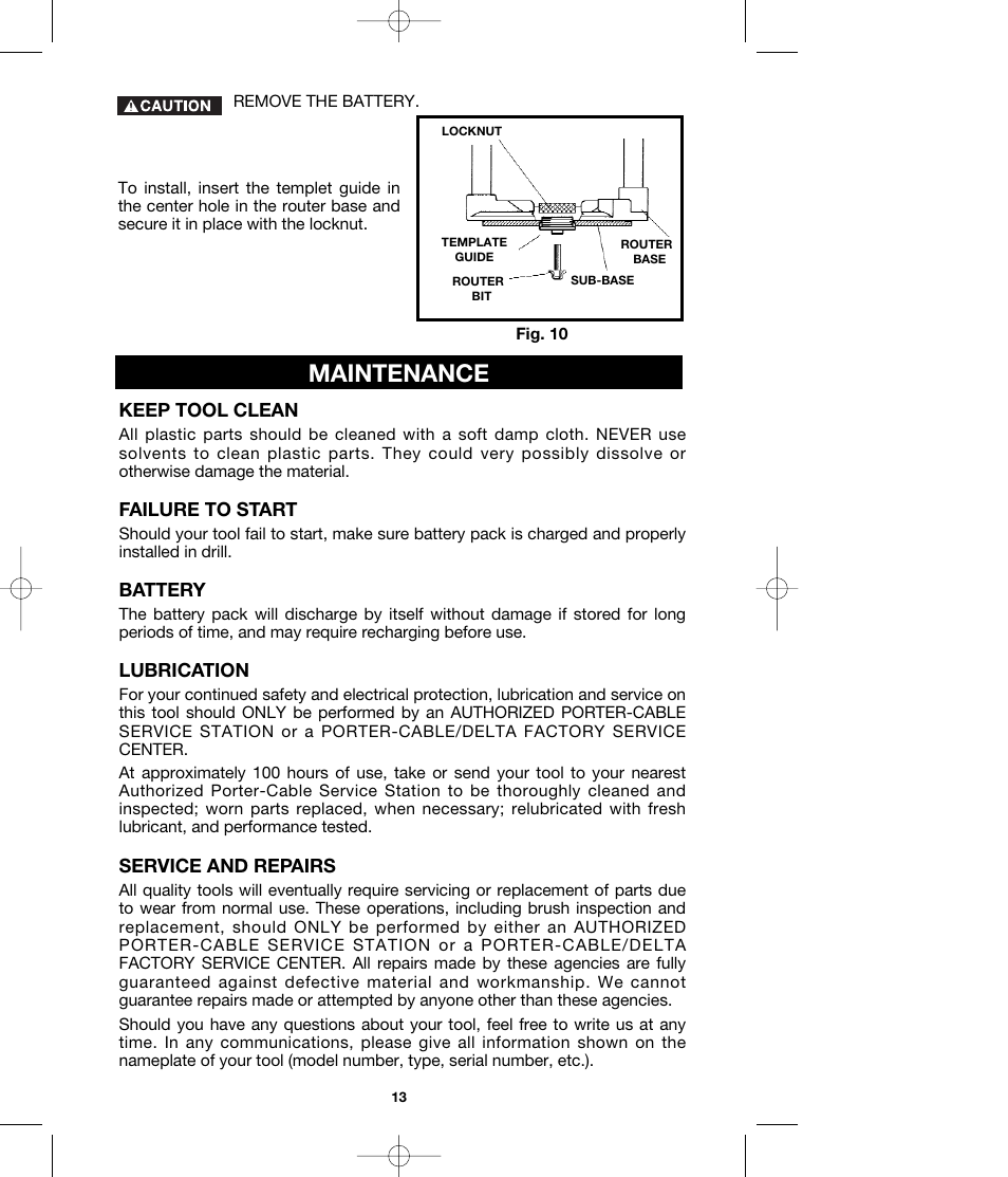 Maintenance, Keep tool clean, Failure to start | Battery, Lubrication, Service and repairs | Porter-Cable MODEL 290 User Manual | Page 13 / 15
