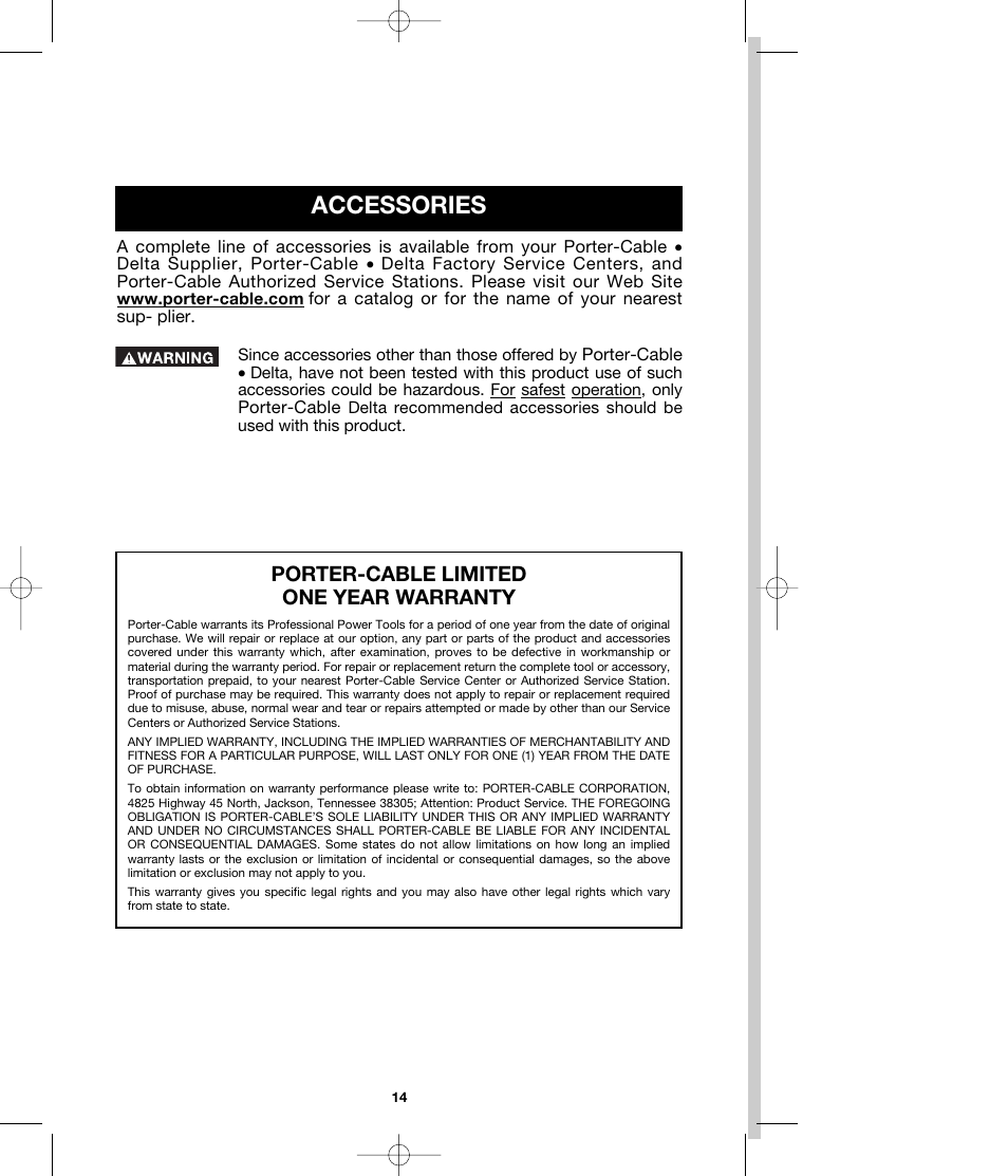 Accessories, Porter-cable limited one year warranty | Porter-Cable MODEL 290 User Manual | Page 14 / 15