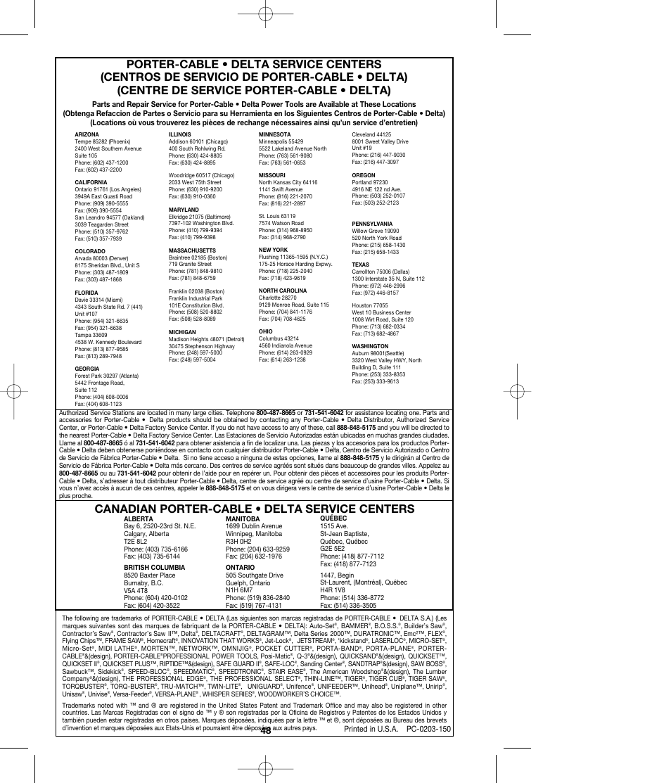 Canadian porter-cable • delta service centers | Porter-Cable MODEL 290 User Manual | Page 15 / 15