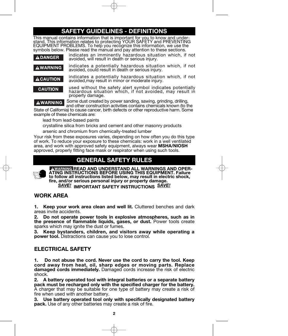 Safety guidelines - definitions, General safety rules, Work area | Electrical safety | Porter-Cable MODEL 290 User Manual | Page 2 / 15