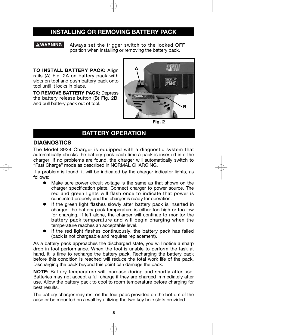 Battery operation, Installing or removing battery pack | Porter-Cable MODEL 290 User Manual | Page 8 / 15