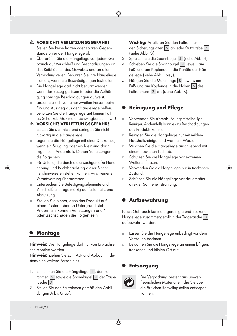 Montage, Reinigung und pﬂege, Aufbewahrung | Entsorgung | Rocktrail Foldable Hammock User Manual | Page 10 / 13