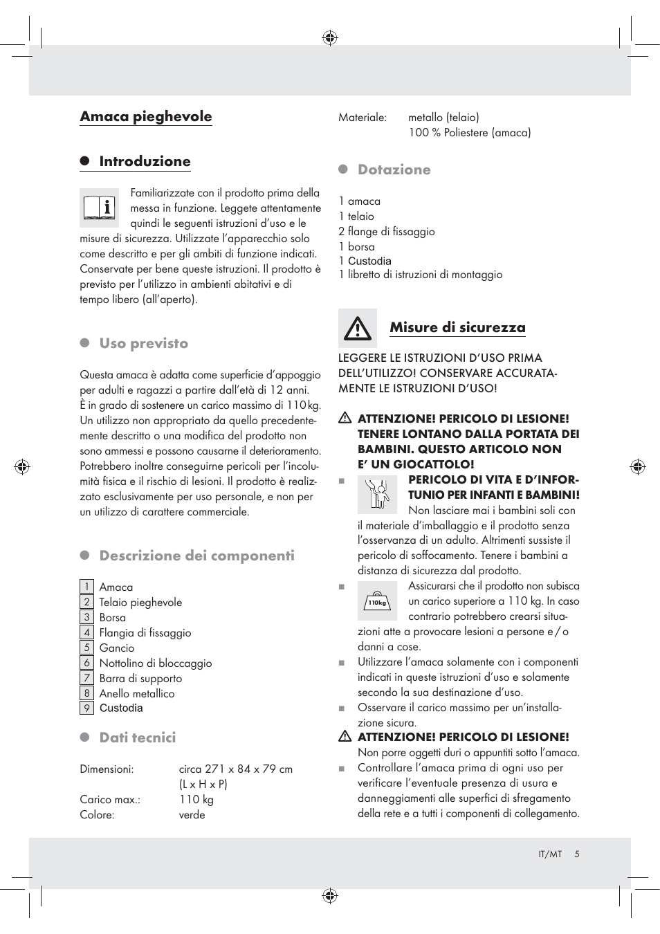 Amaca pieghevole, Introduzione, Uso previsto | Descrizione dei componenti, Dati tecnici, Dotazione, Misure di sicurezza | Rocktrail Foldable Hammock User Manual | Page 3 / 13