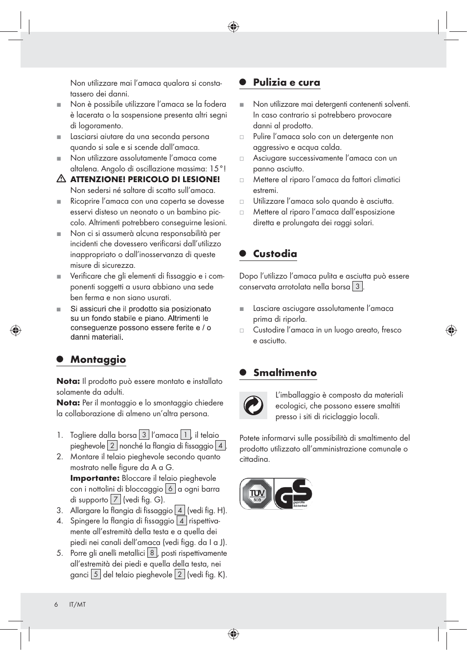 Montaggio, Pulizia e cura, Custodia | Smaltimento | Rocktrail Foldable Hammock User Manual | Page 4 / 13